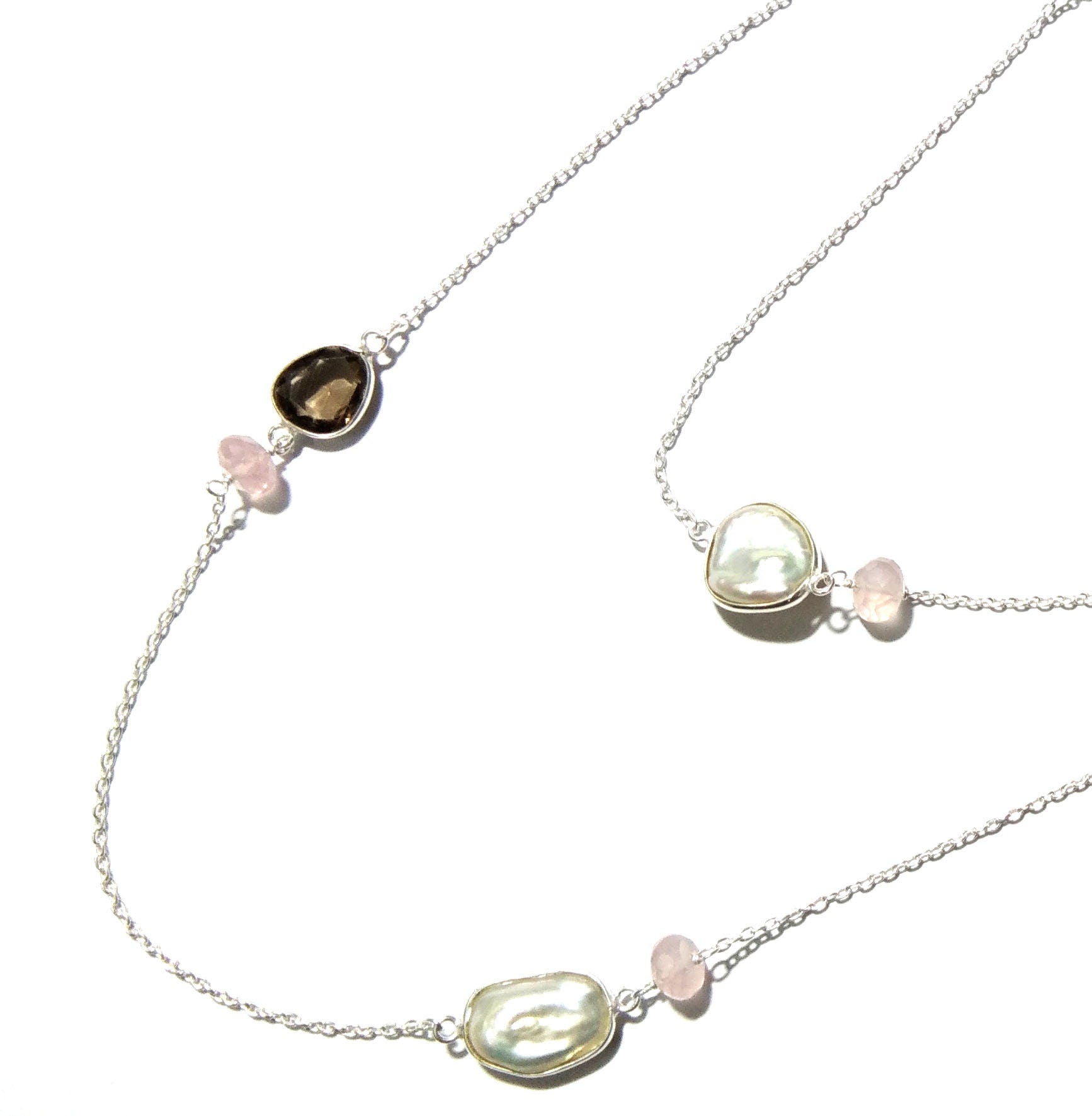 Very Beautiful Log Necklace ! Natural Gemstone Smoky Quartz, Rose Quartz & Pearl Log Beaded Necklace With 925 Starling Silver Length 40 inch